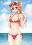  bad_id bad_pixiv_id bare_shoulders bikini blonde_hair blue_eyes blush breasts cleavage cloud day goggles goggles_on_head kanae_(sekaiju) long_hair looking_at_viewer lowleg lowleg_bikini medium_breasts navel ocean po_ni red_bikini sekaiju_no_meikyuu sekaiju_no_meikyuu_3 shiny shiny_skin side-tie_bikini side_ponytail sky smile solo strap_gap swimsuit thigh_gap towel water 