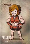  abs barefoot bike_shorts brown_hair character_name fallout fingerless_gloves gloves gyamo hands_on_hips headphones meiko muscle parody short_hair smile vault_boy vocaloid 