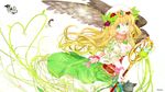  :3 bird blonde_hair breasts cat cleavage food freyja_(p&amp;d) fruit grapes green_eyes hat hawk heco_(mama) highres long_hair looking_at_viewer medium_breasts open_mouth puzzle_&amp;_dragons ribbon skirt smile solo staff wrist_ribbon 