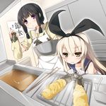  apron batter black_hair blonde_hair blush chopsticks elbow_gloves food gloves hairband kantai_collection kitakami_(kantai_collection) long_hair mixing_bowl multiple_girls purple_eyes remodel_(kantai_collection) shimakaze_(kantai_collection) sidelocks sweat tempura torpedo translated wavy_mouth white_gloves yellow_eyes yume_no_owari 