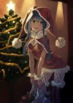  bad_id bad_pixiv_id blue_hair blush boots breasts brown_eyes capelet christmas christmas_tree hat jester_cap lips long_hair medium_breasts open_mouth original pantyhose red_capelet santa_costume santa_hat shimotsuki_eight solo thigh_boots thighhighs 