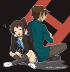  1girl brown_hair cardigan closed_eyes genderswap genderswap_(ftm) genderswap_(mtf) indian_style kita_high_school_uniform kyonko kyouhei lowres ponytail school_uniform serafuku sitting suzumiya_haruhi_no_yuuutsu suzumiya_haruhiko yawning 