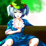 amaki_someichi bench blue_eyes blue_hair breasts cleavage hair_bobbles hair_ornament hat jewelry kawashiro_nitori kuso_miso_technique meme necklace parody short_hair sitting small_breasts solo touhou two_side_up undressing yaranaika 