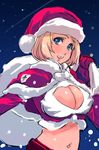  blonde_hair blue_eyes breasts capelet christmas cleavage cleavage_cutout copyright_request crop_top hat large_breasts matsumoto_noriyuki midriff night sack santa_costume santa_hat short_hair snow solo 