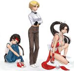  ass bad_id bad_pixiv_id black_hair blonde_hair braid brown_hair fatal_fury headband highres king_(snk) kneeling long_hair multiple_girls pelvic_curtain pon ryuuko_no_ken shiranui_mai shoes short_hair sneakers the_king_of_fighters yuri_sakazaki 