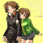  1girl bad_id bad_pixiv_id brown_hair couple cowboy_shot hanamura_yousuke headphones headphones_around_neck hetero jacket kamiyoshi_rika long_sleeves persona persona_4 satonaka_chie short_hair shorts shorts_under_skirt simple_background standing track_jacket translation_request turtleneck yellow_background 