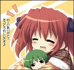  blush chibi green_hair happy hug iwasaki_minami kobayakawa_yutaka lucky_star multiple_girls red_hair short_hair short_twintails tekehiro translated twintails 