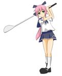  golf_club green_eyes hana_(pangya) long_hair meile pangya pink_hair ponytail ribbon school_uniform smile socks solo 