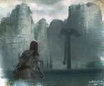  2008 avion bad_id bad_pixiv_id colossus column epic faux_traditional_media giant landscape male_focus mountain pillar shadow_of_the_colossus signature surcoat wander water 