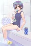  against_wall ball beachball blue_hair can food kuga_tsukasa mouth_hold one-piece_swimsuit original pool poolside popsicle ripples rubber_duck school_swimsuit short_hair sitting soaking_feet soda_can solo swimsuit towel water 