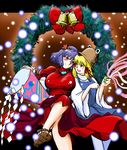  azuki_osamitsu bell blonde_hair blue_hair blush bow breasts christmas cleavage dress grey_eyes hair_ribbon hairband hat hug jewelry large_breasts leaf moriya_suwako multiple_girls necklace pantyhose pendant red_eyes ribbon sandals short_hair sitting smile snow touhou white_legwear wreath yasaka_kanako 