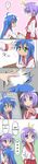  ? afterimage ahoge banned_artist blue_hair character_request crying green_eyes highres hiiragi_kagami hiiragi_tsukasa izumi_konata long_hair long_image lucky_star mountain_pukuichi multiple_girls outline pink_neckwear purple_hair ryouou_school_uniform school_uniform speech_bubble spoken_question_mark tall_image tearing_up tears white_outline 