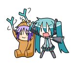  :3 animal_costume aqua_hair arm_up bear_costume bear_tsukasa capybara-san chibi chibi_miku crossover hatsune_miku headphones hiiragi_tsukasa lucky_star minami_(colorful_palette) multiple_girls necktie o_o open_mouth purple_hair simple_background sitting spring_onion thighhighs twintails vocaloid |_| 