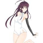  ahoge armpits bare_legs barefoot blush bodysuit bridal_gauntlets kneeling kuro_(kurokami) kurokami leotard looking_at_viewer purple_hair sidelocks simple_background solo suu_(artist) white_background 