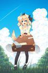  ahoge animal_ears blonde_hair blue_eyes blurry cloud condensation_trail day depth_of_field dog_ears dog_tail foreshortening grass highres lens_flare majima_yuki open_mouth original pantyhose short_hair sky smile solo suitcase tail v_arms 