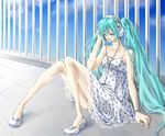  aqua_eyes aqua_hair dress hatsune_miku headphones long_hair sitting solo touya_(roukaku) twintails very_long_hair vocaloid 