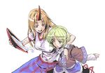  arm_around_neck bad_id bad_pixiv_id blonde_hair chain cup green_eyes horn hoshiguma_yuugi kumadano long_hair mizuhashi_parsee multiple_girls orange_hair pointy_ears red_eyes sakazuki shirt short_hair smile sweatdrop taut_clothes taut_shirt touhou 