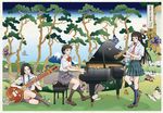  baby_grand bug butterfly fine_art_parody grand_piano hair_ornament insect instrument mount_fuji mountain multiple_girls nadeshiko_rin necktie nihonga parody piano piano_bench plaid plaid_skirt school_uniform serafuku shakuhachi sitar skirt tokaido_hodogaya translated tree ukiyo-e 