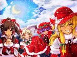  alternate_hair_color bad_id bad_pixiv_id blonde_hair blue_eyes brown_hair christmas cloud hakurei_reimu hat highres izayoi_sakuya kirisame_marisa lips looking_at_viewer mefix moon multiple_girls praying purple_hair red_eyes remilia_scarlet ribbon sack sad santa_costume snow tears touhou wings winter yellow_eyes 