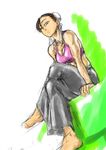  bare_shoulders barefoot breasts bun_cover casual chun-li cleavage crossed_legs double_bun hey_(bluebell) highres medium_breasts muscle short_hair sitting sketch solo street_fighter tank_top 