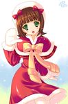  amami_haruka brown_hair capelet christmas green_eyes idolmaster idolmaster_(classic) idolmaster_live_for_you! mame-p mittens red_capelet santa_costume solo 