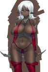  bikini bow_(weapon) breasts cleavage dark_elf dark_skin elbow_gloves elf gloves goban huge_breasts original pointy_ears red_bikini red_eyes short_hair solo swimsuit thighhighs weapon white_hair 