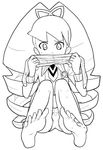  barefoot big_hair crotch_seam dress drill_hair feet greyscale heriyama long_hair lowres monochrome panties pantyhose pantyhose_pull pantyhose_removed rockman ryuusei_no_rockman shirogane_luna soles solo twintails underwear 