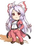  ahoge belt chibi cosplay fujiwara_no_mokou hands_on_hips houtengeki lavender_hair long_hair pants red_eyes rugal_bernstein rugal_bernstein_(cosplay) solo the_king_of_fighters touhou 