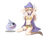  aaku_(ark-royal) alena_(dq4) armpits belt boots breasts cape cleavage denim denim_shorts dragon_quest dragon_quest_iv eyepatch hat highres knee_boots medium_breasts navel_piercing piercing pirate red_hair shorts slime slime_(dragon_quest) solo yellow_eyes 