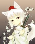  animal_ears bob_cut flower hat ikura_hato inubashiri_momiji katana red_eyes short_hair solo sword tail tokin_hat touhou weapon white_hair wolf_ears 