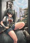  bandages black_hair brown_eyes copyright_request school_uniform sitting skirt solo sts sword twintails weapon 