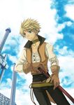  artist_request blonde_hair blue_eyes choker gloves green_choker guy_cecil male_focus smile solo sword tales_of_(series) tales_of_the_abyss weapon 