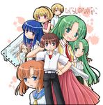  5girls :d bangs baseball_bat belt blonde_hair blunt_bangs blush buckle collared_shirt contrapposto dress_shirt furude_rika green_eyes green_hair hand_on_hip higurashi_no_naku_koro_ni houjou_satoko houjou_satoshi irie_kyousuke looking_at_viewer maebara_keiichi mizuna_tomomi multiple_boys multiple_girls open_mouth parted_bangs red_eyes ryuuguu_rena scratching_head shirt siblings sidelocks simple_background sisters smile sonozaki_mion sonozaki_shion standing twins white_background 