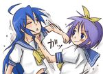  ahoge bad_id bad_pixiv_id beni_shouga blue_eyes blue_hair bow closed_eyes crosscounter duel frown hair_bow hiiragi_tsukasa izumi_konata long_hair lucky_star midriff mole mole_under_eye multiple_girls punching purple_hair ryouou_school_uniform school_uniform serafuku short_hair simple_background smile tareme uppercut yellow_bow yellow_neckwear 