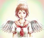  angel_wings bad_id bad_pixiv_id brown_eyes brown_hair haibane_renmei halo leica messy_hair rakka sailor_collar short_hair sketch solo wings 