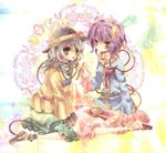  bad_id bad_pixiv_id colorful feeding food food_on_face green_eyes hat hidari_(coletica) komeiji_koishi komeiji_satori looking_at_viewer multiple_girls pink_eyes purple_hair short_hair siblings silver_hair sisters sitting slippers spoon third_eye touhou wavy_hair 