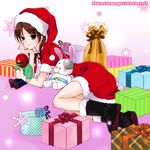  ass bobblehead boots box christmas from_behind fur_trim gift gift_box knee_boots looking_at_viewer lying on_side sack sakuragi_akira santa_costume solo sunred tentai_senshi_sunred uchida_kayoko usakotsu 