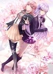  black_legwear boots braid danganronpa danganronpa_1 flipped_hair flower gloves hair_ornament hair_ribbon hairclip highres hood hoodie kirigiri_kyouko knee_boots long_hair multiple_girls nanami_chiaki necktie open_mouth ouri pink_eyes pink_hair purple_eyes purple_hair ribbon school_uniform short_hair side_braid star super_danganronpa_2 thighhighs 