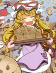 :d baking_sheet blonde_hair bow closed_eyes cookie cookie_clicker dress factory food gaoo_(frpjx283) hair_bow hat heart highres long_hair open_mouth oven_mitts parody ribbon rocket slippers smile solo space_craft touhou yakumo_yukari 