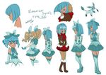  ace_trainer_(pokemon) blue_eyes blue_hair boots bow brown_hair clenched_hand closed_eyes commentary cosplay crossed_arms dark_skin dual_persona earmuffs eevee eeveelution_project elbow_gloves english english_commentary fur_trim gen_1_pokemon gen_4_pokemon glaceon glaceon_(cosplay) gloves hair_bow hanakawa_ran looking_away loony_bear magical_girl multiple_girls open_mouth original personification pokemon pokemon_(creature) scarf short_hair simple_background skirt smile standing thigh_boots thighhighs tiana_(loony_bear) twintails white_background 