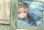  bag blonde_hair blue_eyes elma_leivonen from_outside ground_vehicle looking_at_viewer looking_out_window military military_uniform motor_vehicle shibasaki_shouji short_hair solo_focus truck uniform window world_witches_series 