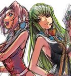  armpits back-to-back band blue_eyes breasts c.c. cleavage code_geass cosplay creayus green_hair guitar instrument kallen_stadtfeld long_hair macross macross_7 medium_breasts microphone multiple_girls mylene_jenius mylene_jenius_(cosplay) nekki_basara nekki_basara_(cosplay) red_hair short_hair yellow_eyes 