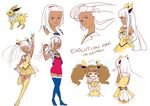  =_= alternate_hairstyle bangs beauty_(pokemon) blunt_bangs brown_hair ciel_leclair commentary cosplay dark_skin dual_persona eevee eeveelution_project electricity english english_commentary forehead frown full_body fur_trim gen_1_pokemon gloves hair_flip hair_ornament hairclip hanakawa_ran hand_on_hip jolteon jolteon_(cosplay) light_frown long_hair looking_at_viewer loony_bear magical_girl multiple_girls original personification pokemon pokemon_(creature) purple_eyes simple_background skirt smile standing thighhighs twintails wavy_mouth white_background white_hair zettai_ryouiki 