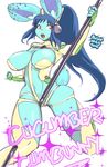  anthro big_breasts blue_hair breasts clothed clothing cucumber_(character) female hair huge_breasts lagomorph long_hair mammal navel open_mouth polearm pornomagnum rabbit rabbit_ears skimpy solo staff yellow_eyes 