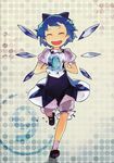  ^_^ absurdres bloomers blue_hair cirno closed_eyes dress happy highres pinafore_dress ribbon running scan shihou_(g-o-s) short_hair touhou underwear wings 