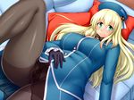  atago_(kantai_collection) black_legwear blonde_hair breasts gloves green_eyes gusset hat highres kantai_collection large_breasts long_hair looking_at_viewer nokoppa panties panties_under_pantyhose pantyhose smile solo underwear 