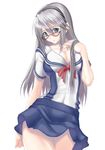  blue_eyes blush breasts clannad cleavage cowboy_shot glasses hairband hikarizaka_private_high_school_uniform large_breasts long_hair muffin_(sirumeria) sakagami_tomoyo school_uniform silver_hair skirt solo 