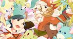  1girl aipom bad_id bad_pixiv_id black_hair brown_hair chikorita gen_2_pokemon gen_3_pokemon gen_4_pokemon gold_(pokemon) hagiko hat jirachi kotone_(pokemon) legendary_pokemon marill pichu pokemon pokemon_(creature) shaymin totodile wooper 