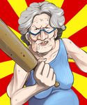  anger_vein black_eyes bowieknife cookie_clicker drooling eyewear_strap glasses grandma_(cookie_clicker) grey_hair liver_spots macedonian_flag mole old_woman rolling_pin saliva solo sunburst sweat tank_top 