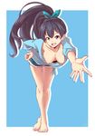  :d aqua_nails areolae barefoot bent_over black_hair blue_background blue_eyes bow breasts crossed_legs denim denim_shorts downblouse egooo extended_downblouse fang ganaha_hibiki hair_bow hand_on_hip hanging_breasts idolmaster idolmaster_(classic) large_breasts long_hair nail_polish nipple_slip nipples no_bra open_mouth outstretched_hand shorts smile solo standing toenail_polish very_long_hair 